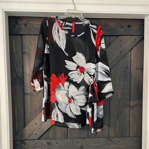 IC COLLECTION Black Floral Tie-Detail Sheer Blouse with Red & White Accents